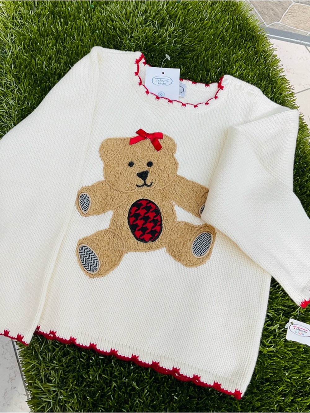 Talbots Kids Cream Knit Sweater with Teddy Appliqué and Red Trim Size 5